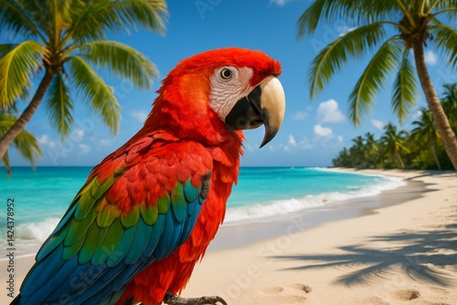 Brightly Colored Parrot Perched on Sandy Beach With Palm Trees and Clear Blue...