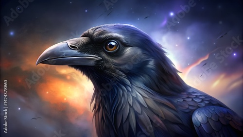 Black bird of prey portrait raven in the night sky on the moon