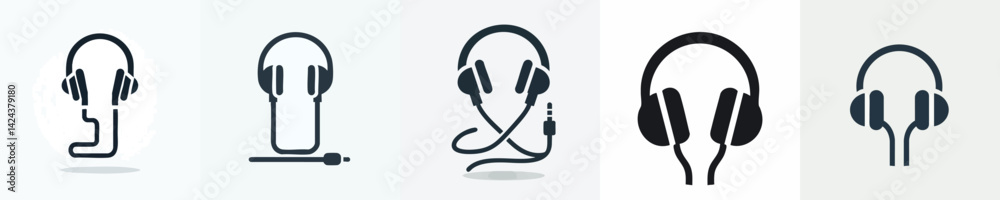 Black silhouette of headphones with cord Black silhouette of headphones with cord