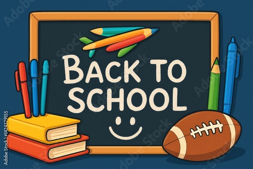 Fun Back to School Illustration With Colorful Supplies and a Football on a Ch...