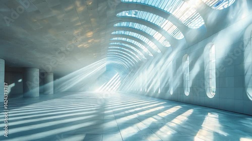 Bright and spacious modern interior architecture with light beams creating dynamic shadows.