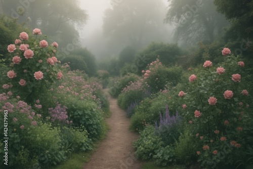 Stunning Rose Garden in the Early Morning Fog Showcasing Vibrant Blooms Along...