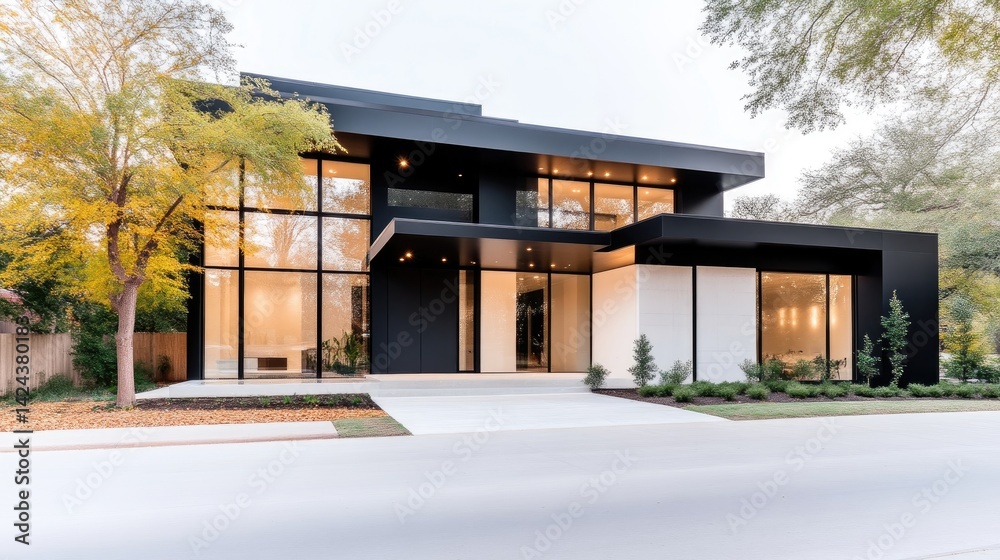 Fototapeta premium Modern home exterior with black and white facade. Large windows and a covered entryway