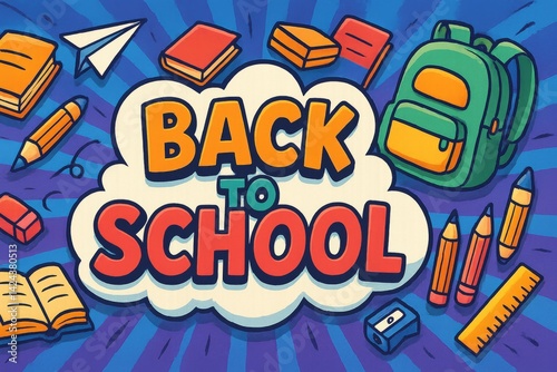 Back to School Graphic With Colorful Illustrations of School Supplies and a B...