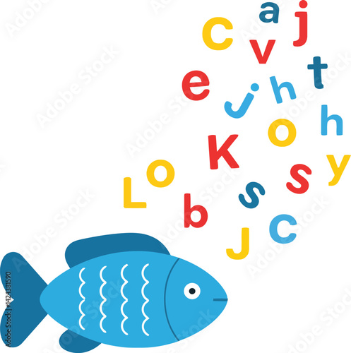 Blue fish blowing colorful letters in playful educational vector illustration for kids learning alphabet