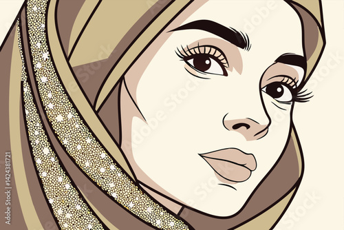 Stylized Hijab Woman Vector Art Elegant Cultural Portrait with Glitter Detail Modern Islamic Illustration
