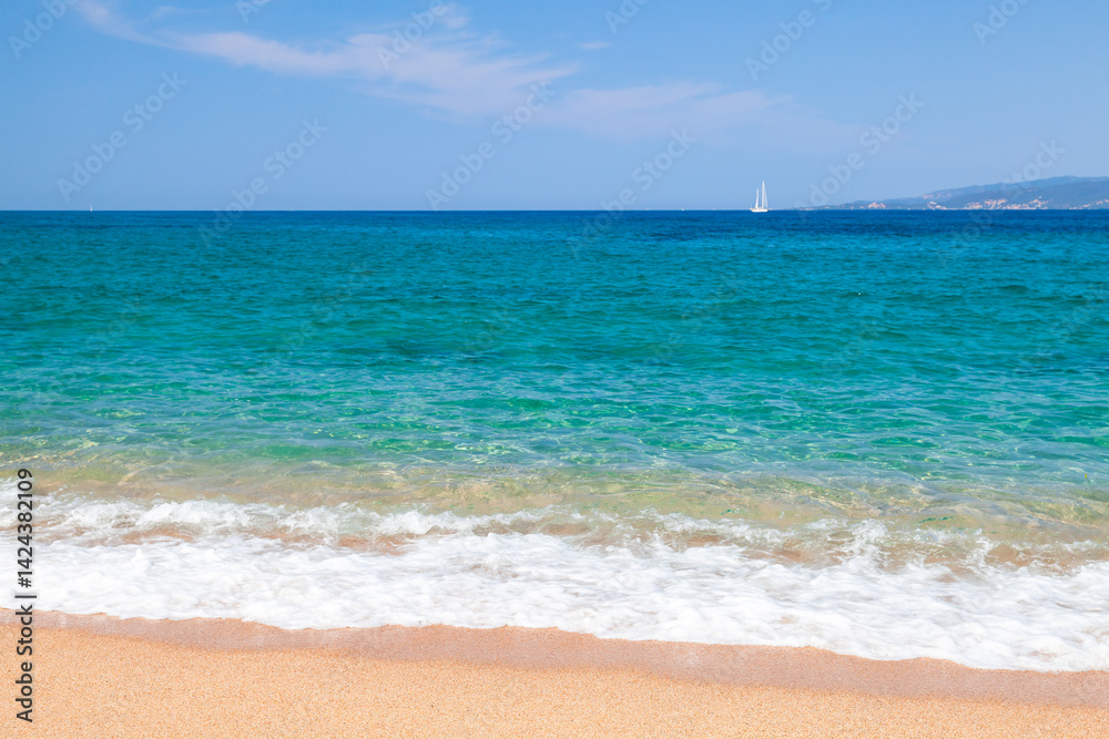 A tranquil beach setting featuring a golden sandy shore and waves