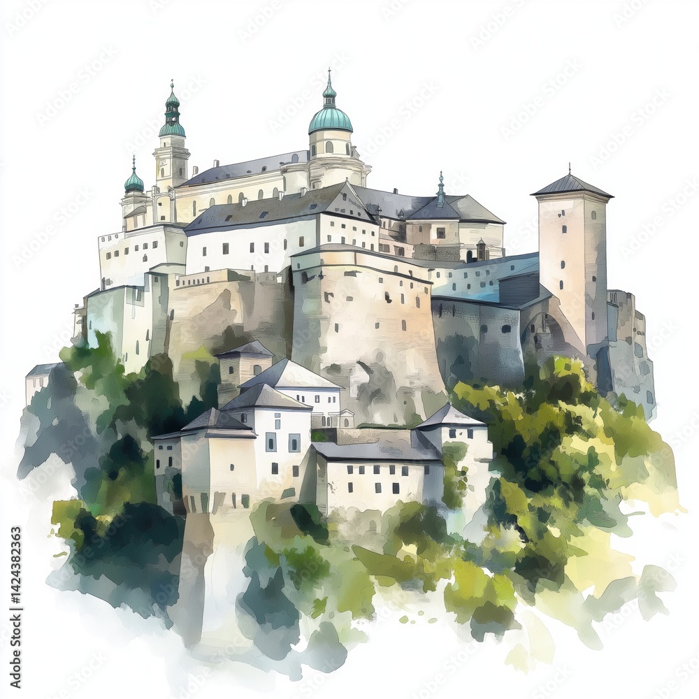 Fototapeta premium Hohensalzburg Fortress. Hohensalzburg Fortress hand drawn watercolor illustration