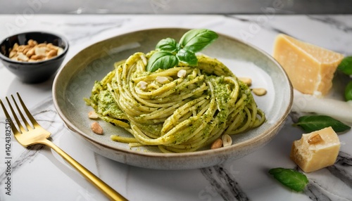 Close-up of twirled linguine pasta covered in vibrant green pesto sauce