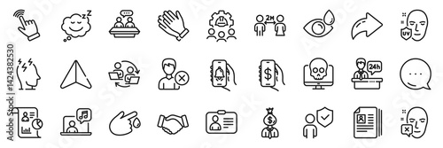 Blood donation, Eye drops and Bell alert line icons pack. Share, Message, Paper plane icons. Handshake, Uv protection, Cursor web icon. Teamwork process, Face declined, Music pictogram. Vector