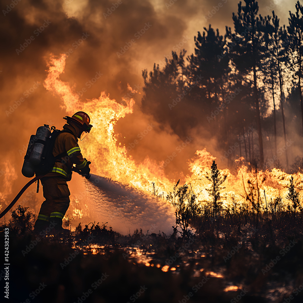 Fototapeta premium Natural disaster ,firefighters spray water to wildfire.