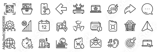 Map, Wifi and Portable computer line icons pack. Share, Message, Paper plane icons. Online shopping, Search, Team work web icon. Chemical hazard, Qr code, Co2 gas pictogram. Vector