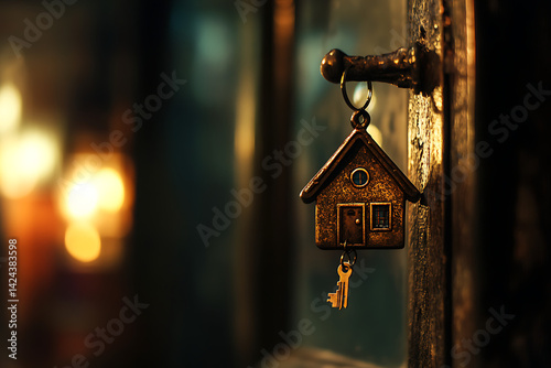 Photo of a house-shaped keychain hanging from the door handle, with a blurred background.
