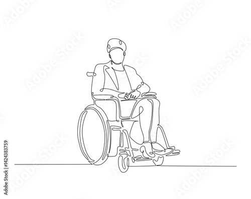 Person with physical disability sitting in wheel chair outline illustration. Continuous line drawing of man sitting in wheel chair.