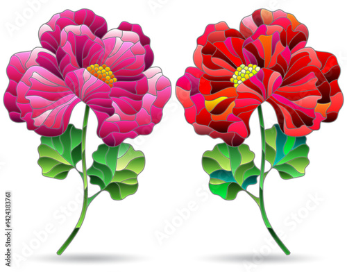 Set of illustrations in the style of stained glass flowers of poppies, plants isolated on a white background