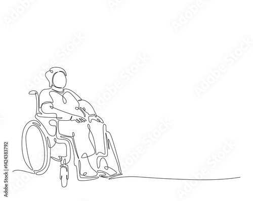 Person with physical disability sitting in wheel chair outline illustration. Continuous line drawing of man sitting in wheel chair.