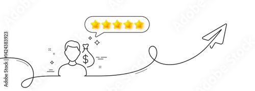 Salary line icon. Continuous line with share plane. Business wages sign. Cash money bribe symbol. Five star rate review in speech bubble. Salary single line ribbon. Loop curve pattern. Vector