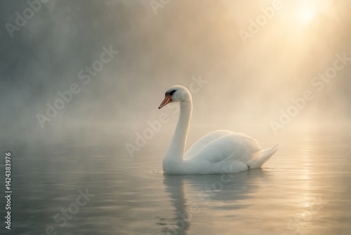 Elegant White Swan Gliding Peacefully on a Misty Lake at Sunrise