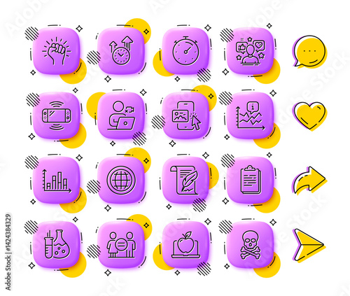 Video conference, Phone image and Timer line icons. App 3d buttons. Social media comment, share, like icons. Pack of Empower, Globe, Chart icon. Vector
