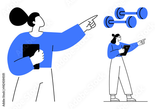 Woman holding a tablet and pointing toward abstract dumbbells, symbolizing fitness goals, training, balance, planning, motivation, decision-making. Ideal for health platforms, fitness apps education