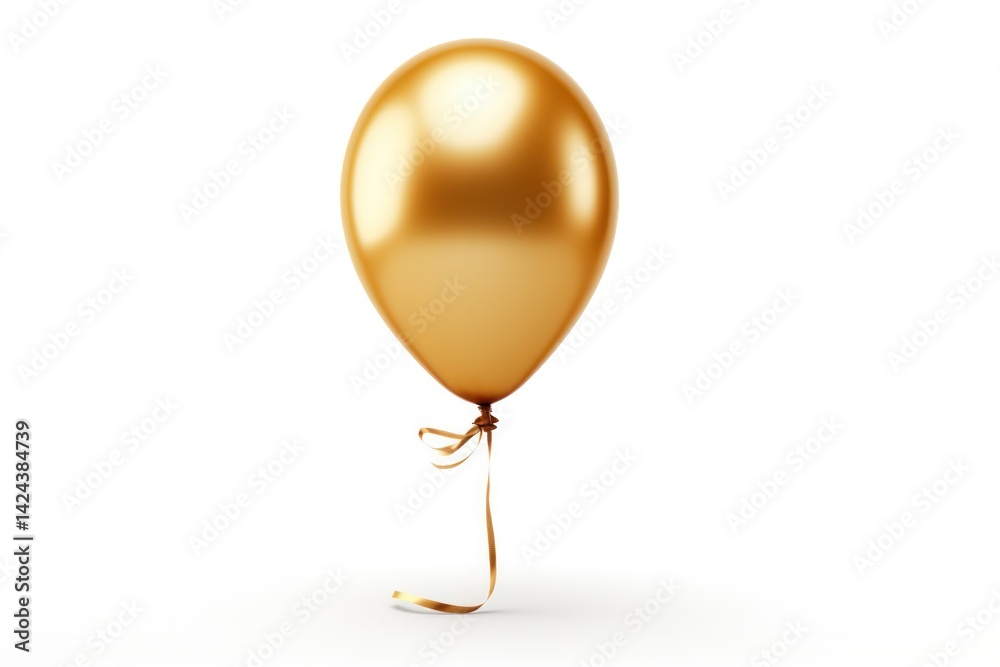 A single golden balloon with a shiny metallic finish, tied with a delicate curling ribbon, standing out against a clean white backdrop A single golden balloon with a shiny metallic finish, tied with a delicate curling ribbon, standing out against a clean white backdrop