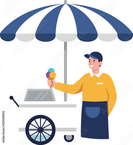 Ice Cream Vendor Serving Cone at Cart with Blue and White Umbrella Vector Illustration 