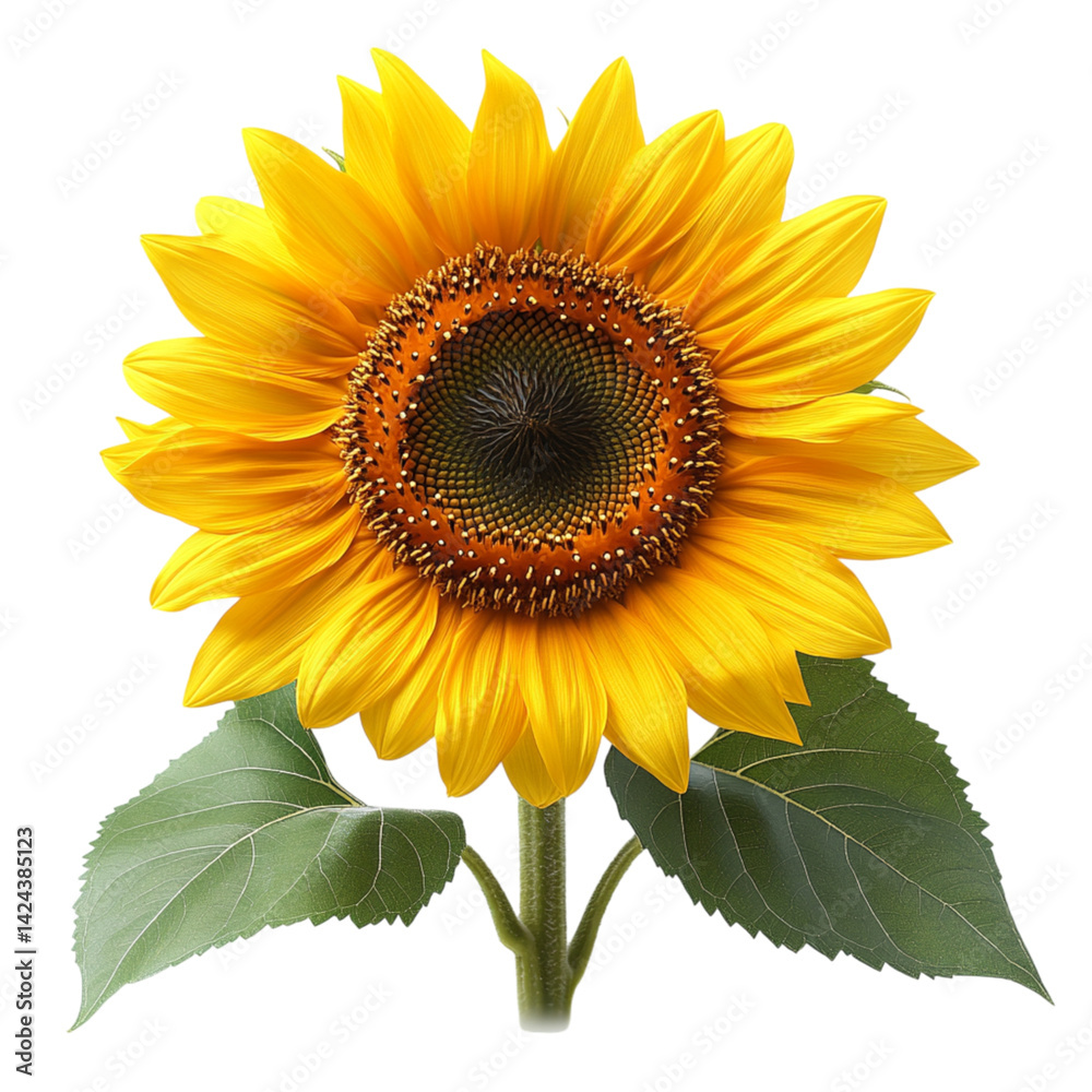 Obraz premium bright yellow sunflower head with fresh green leaves isolated on transparent background 