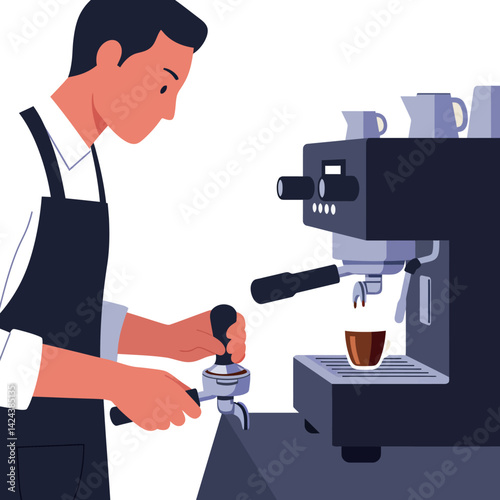 Barista preparing coffee with espresso machine in cafe setting vector illustration 
