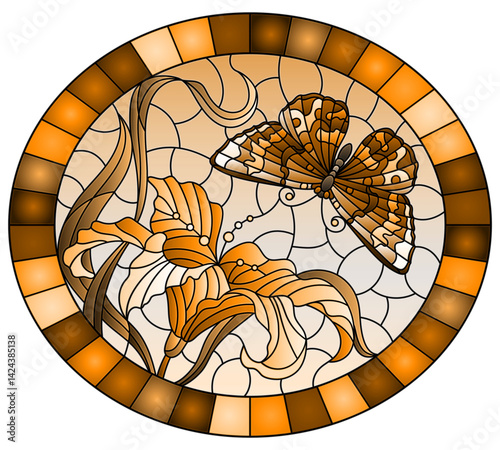 Illustration in stained glass style with a Lily flower and a  butterfly on a sky background, tone brown