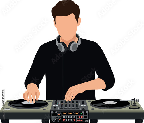 Male DJ Playing Vinyl Records on Turntables with Headphones Vector Illustration