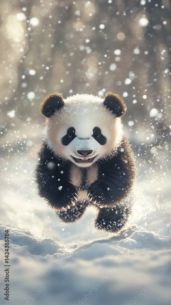 Panda cub bound through soft snow face full of excitement curiosity serene winter landscape snowflake gently falling enhanced soft lighting detailed texture creating playful peaceful moment filled Panda cub bound through soft snow face full of excitement curiosity serene winter landscape snowflake gently falling enhanced soft lighting detailed texture creating playful peaceful moment filled