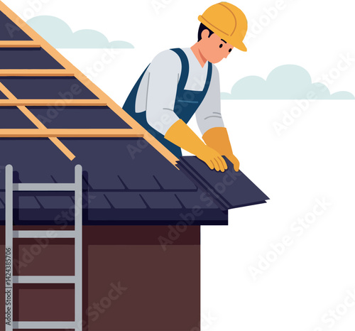 Construction worker installing roofing tiles on house roof vector illustration 