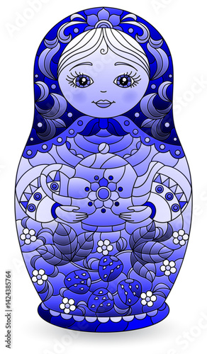 Stained glass illustration with a Russian doll, toy isolated on a white background, tone blue