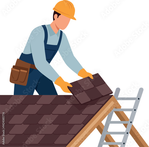 Construction worker installing brown roof shingles on house with ladder vector illustration 
