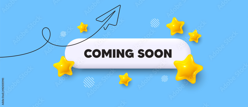 Coming soon search bar. Share plane line icon. Coming soon. Promotion banner sign. New product release symbol. Search button with 3d stars. Vector