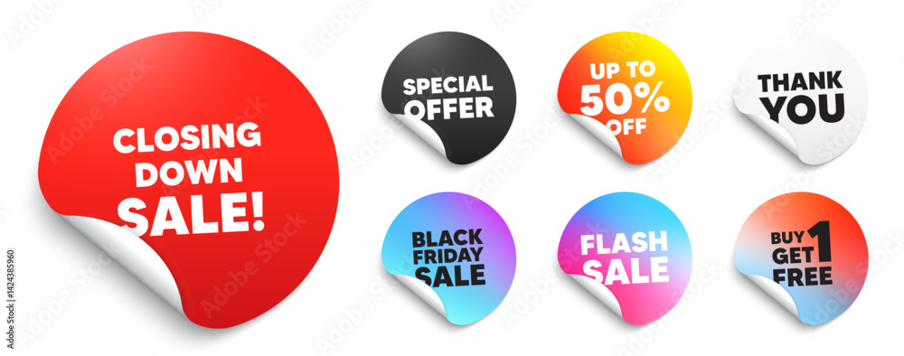 Closing down sale red sticker tag. Special offer paper price tags. Closing down sale. Special offer price sign. Advertising discounts symbol. Discount, black friday sticker. Promo banner. Vector