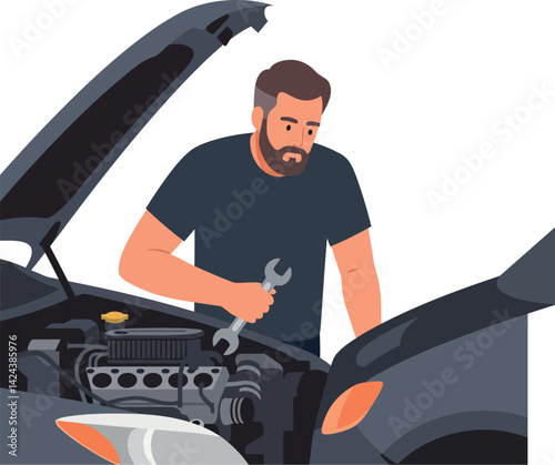 Man repairing car engine with wrench under open hood vector illustration 