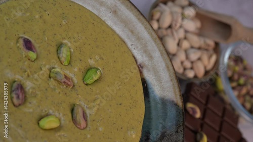 Rich pistachio cream is served in an elegant bowl, garnished with nuts, alongside chocolate pieces and additional nuts in Dubai's vibrant culinary scene.