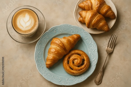 Delicious Breakfast With Croissant, Sweet Roll, and Coffee Served on a Light ...