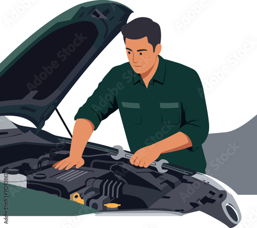 Man repairing car engine with wrench automotive maintenance vector illustration 