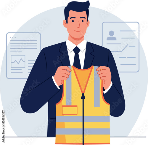 Businessman holding yellow safety vest in office setting with documents background vector illustration 