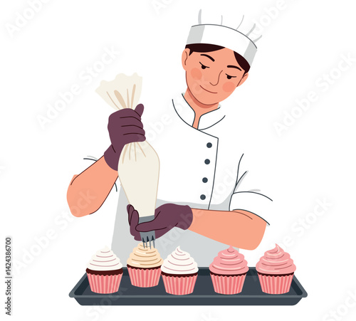 Chef decorating cupcakes with frosting in kitchen preparing desserts vector illustration 