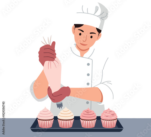 Chef decorating cupcakes with pink frosting in kitchen bakery scene vector illustration 