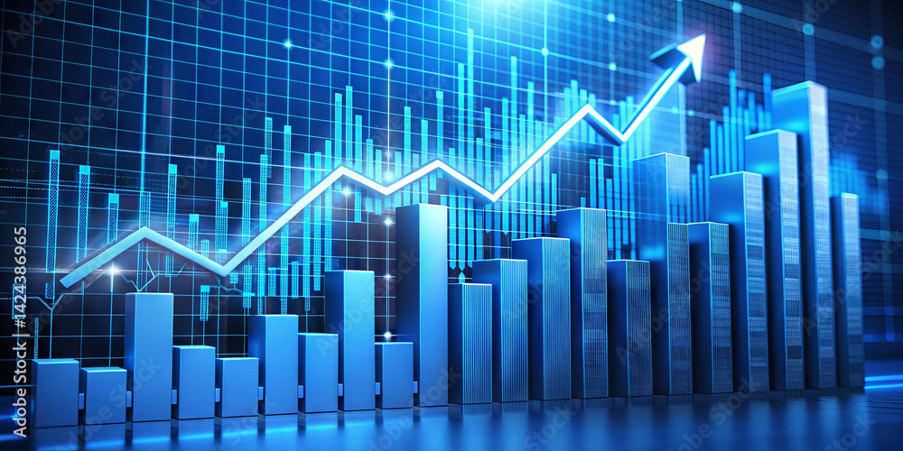 Visual representation of financial growth with upward trends shown through line and bar graphs. The blue digital background enhances the data's modern appeal and clarity Visual representation of financial growth with upward trends shown through line and bar graphs. The blue digital background enhances the data's modern appeal and clarity