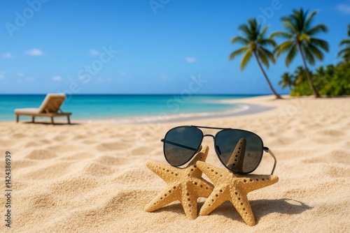 Starfish Wearing Sunglasses on a Sandy Beach With Palm Trees and Turquoise Wa...