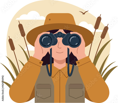 Wildlife Watcher with Binoculars in Nature Field with Reeds and Bird Vector Illustration 