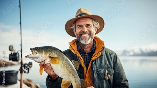 Happy angler holding a fresh catch photo