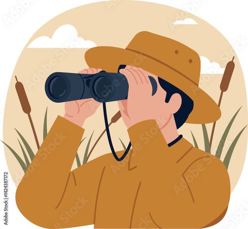 Wildlife enthusiast looking through binoculars in nature with cattails and cloudy sky background 