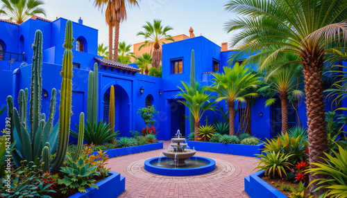 Fototapeta Naklejka Na Ścianę i Meble -  Majorelle Garden in Marrakech with Blue Buildings, Exotic Cacti, and Tropical Plants