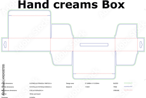 Hand cream packaging box die cut template design with crease and trim lines flat layout
